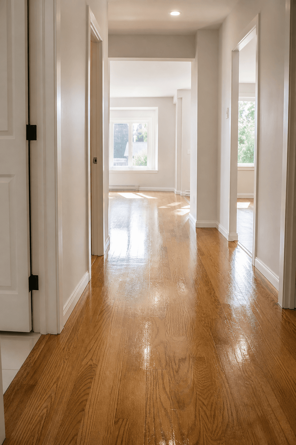 Empty hallway, freshly mopped
