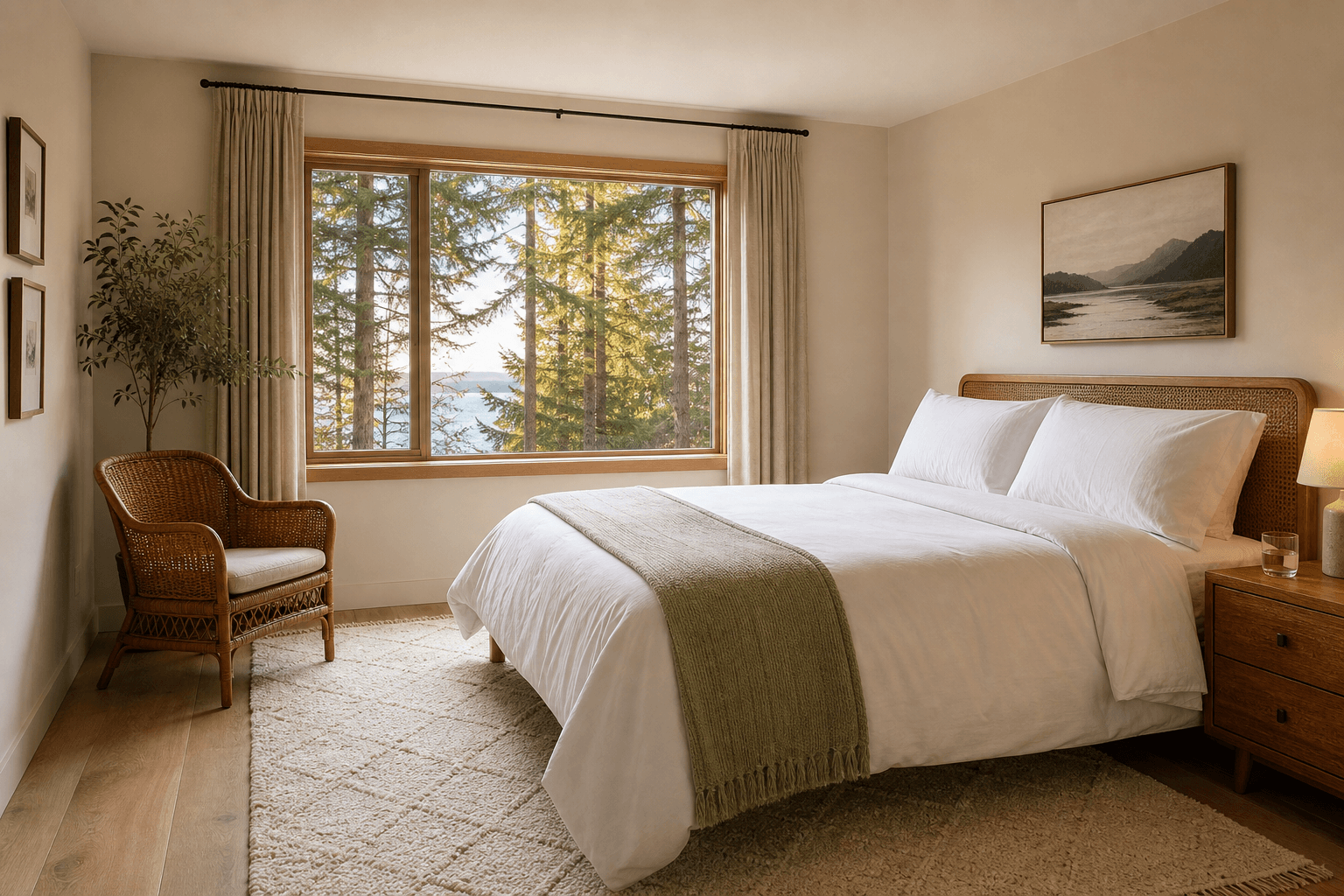 Made bed, fluffed pillows