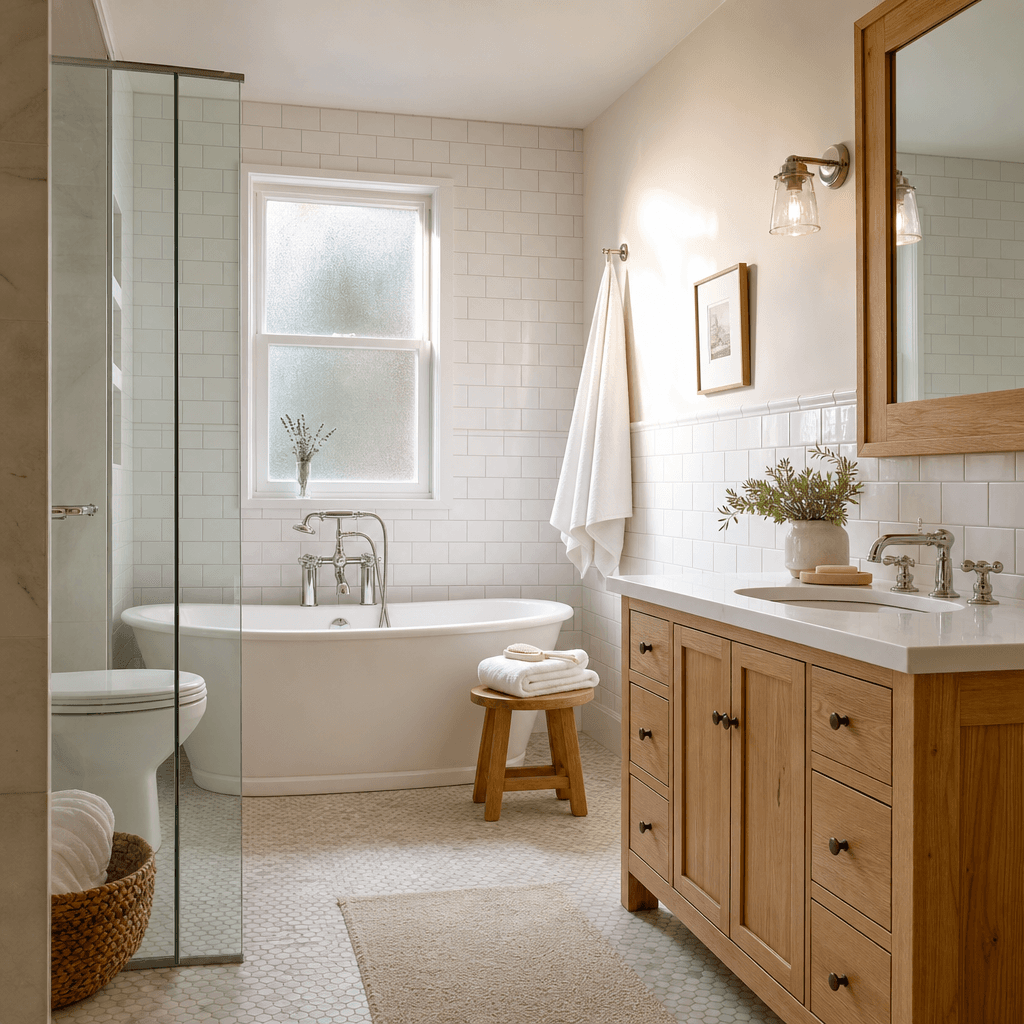 Bathroom · toilet base, behind the bowl